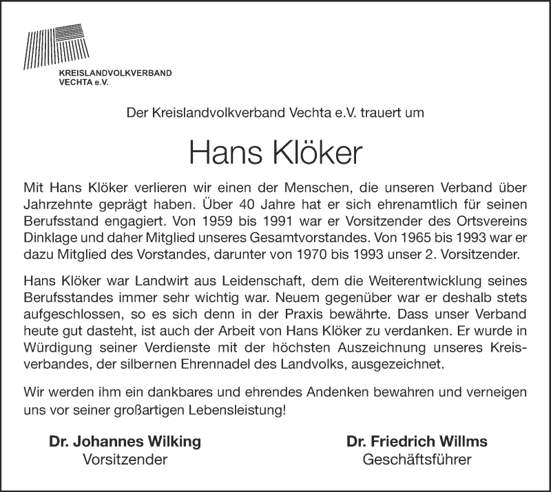  Traueranzeige für Hans Klöker vom 30.06.2020 aus OM-Medien