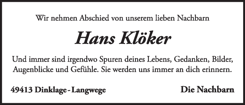  Traueranzeige für Hans Klöker vom 30.06.2020 aus OM-Medien