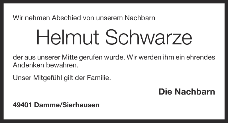  Traueranzeige für Helmut Schwarze vom 23.06.2020 aus OM-Medien
