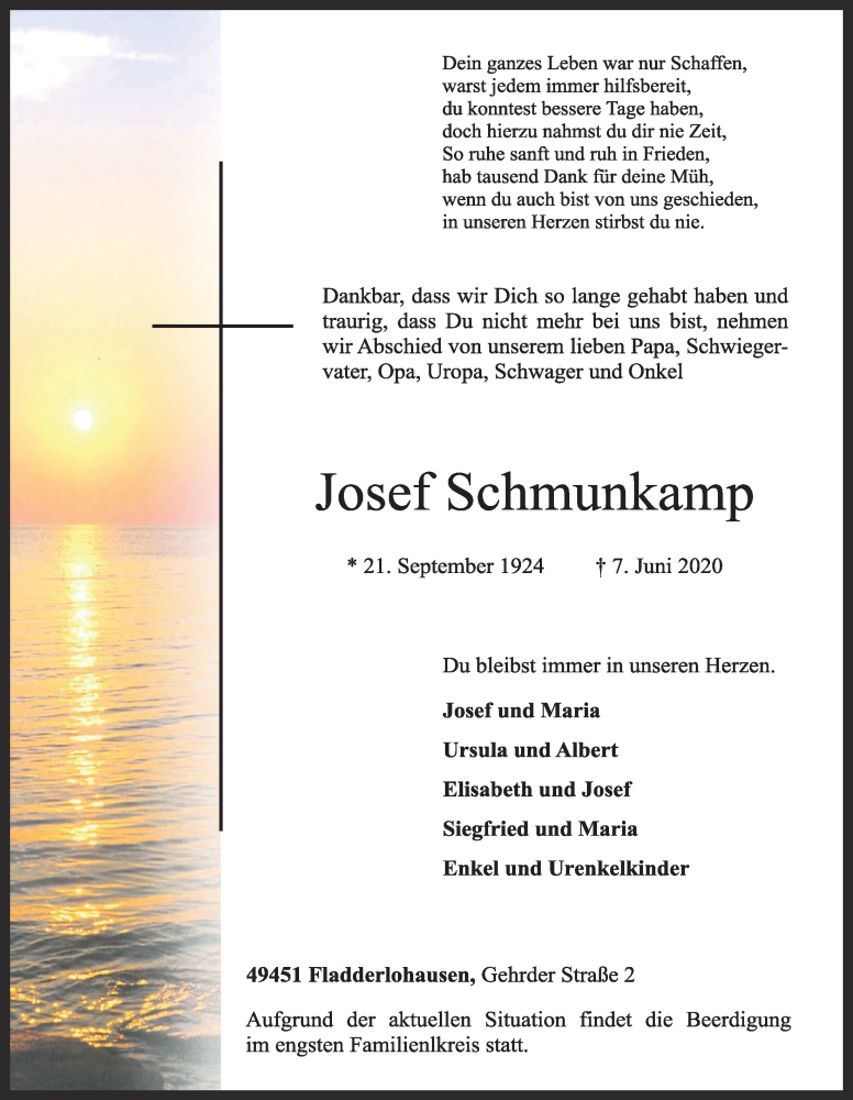  Traueranzeige für Josef Schmunkamp vom 09.06.2020 aus OM-Medien
