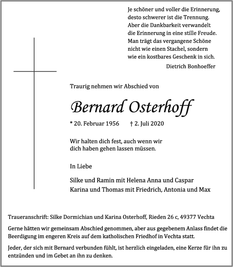  Traueranzeige für Bernard Osterhoff vom 04.07.2020 aus OM-Medien