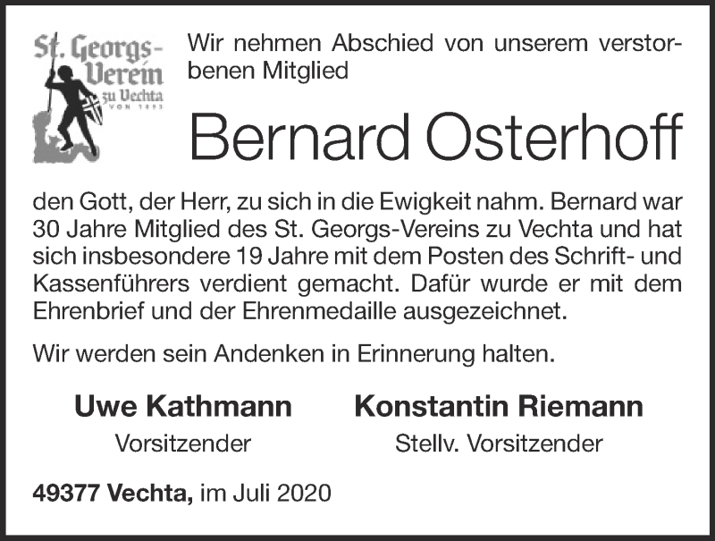  Traueranzeige für Bernard Osterhoff vom 06.07.2020 aus OM-Medien