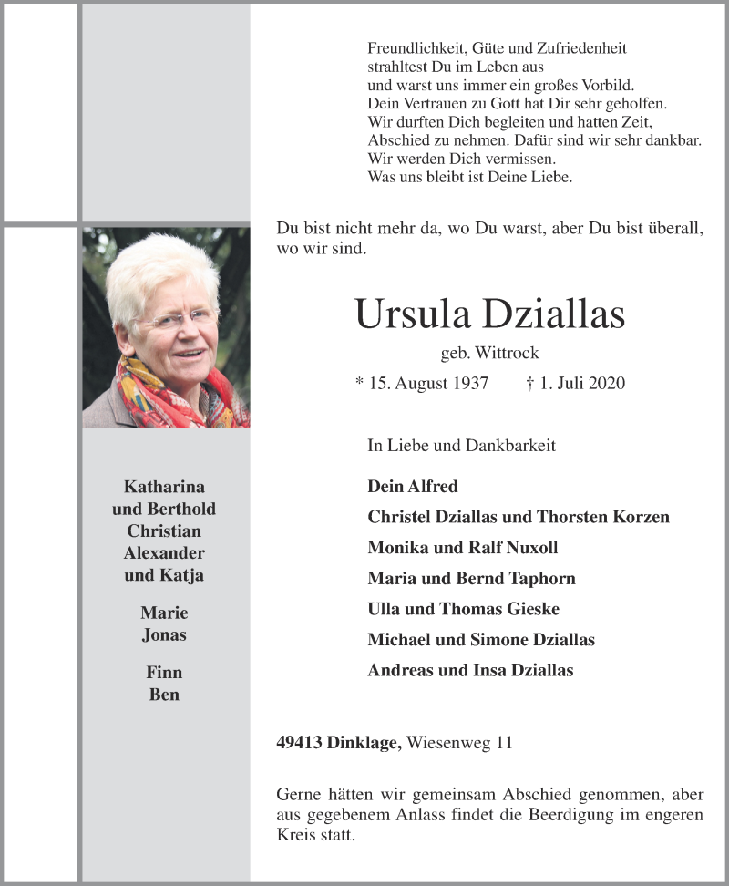  Traueranzeige für Ursula Dziallas vom 03.07.2020 aus OM-Medien