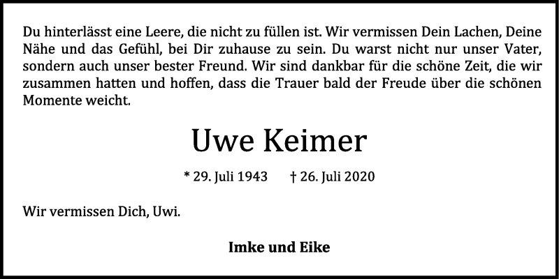  Traueranzeige für Uwe Keimer vom 29.07.2020 aus OM-Medien