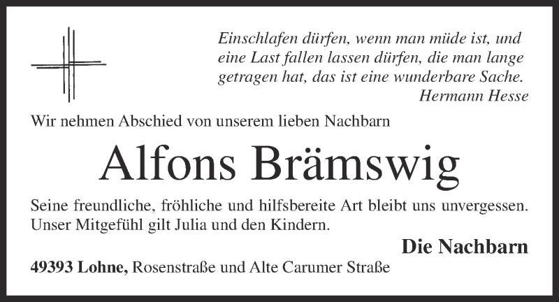  Traueranzeige für Alfons Brämswig vom 08.08.2020 aus OM-Medien