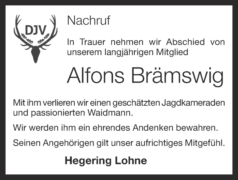  Traueranzeige für Alfons Brämswig vom 08.08.2020 aus OM-Medien