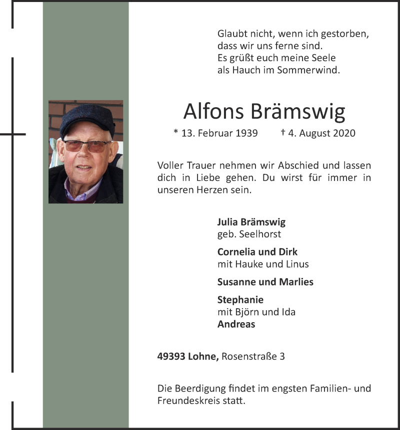  Traueranzeige für Alfons Brämswig vom 07.08.2020 aus OM-Medien
