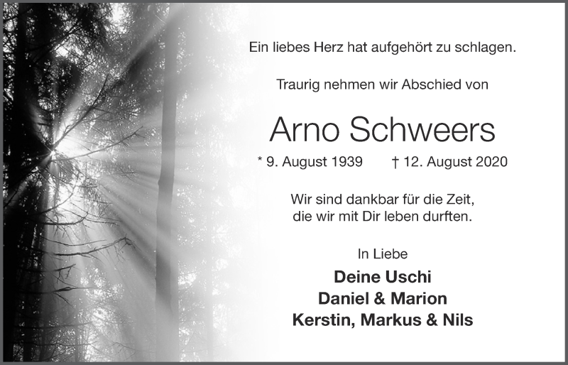  Traueranzeige für Arno Schweers vom 14.08.2020 aus OM-Medien