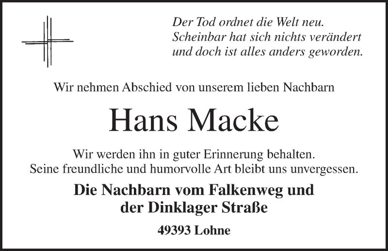  Traueranzeige für Hans Macke vom 13.08.2020 aus OM-Medien