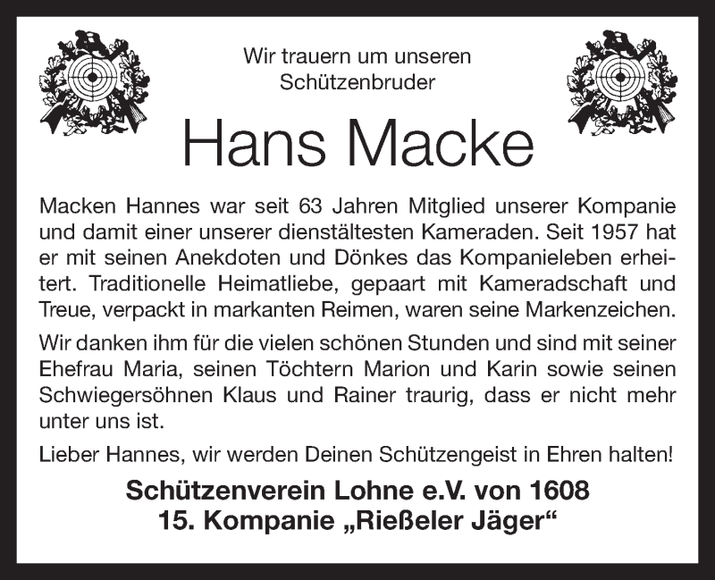  Traueranzeige für Hans Macke vom 13.08.2020 aus OM-Medien