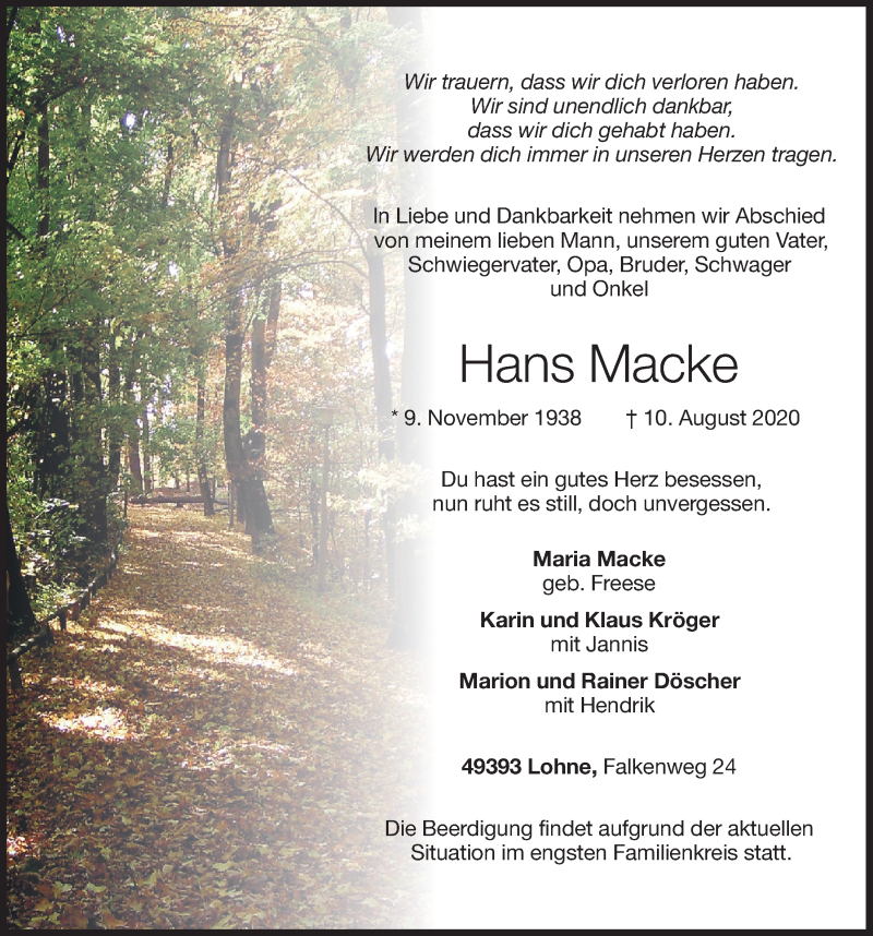  Traueranzeige für Hans Macke vom 12.08.2020 aus OM-Medien