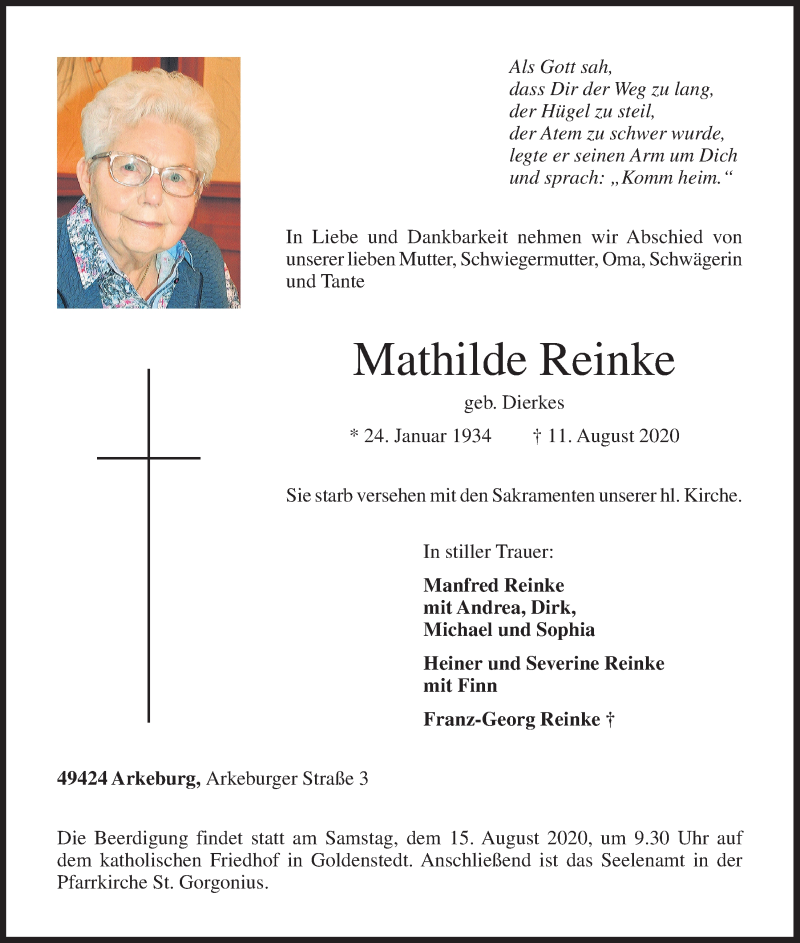  Traueranzeige für Mathilde Reinke vom 12.08.2020 aus OM-Medien