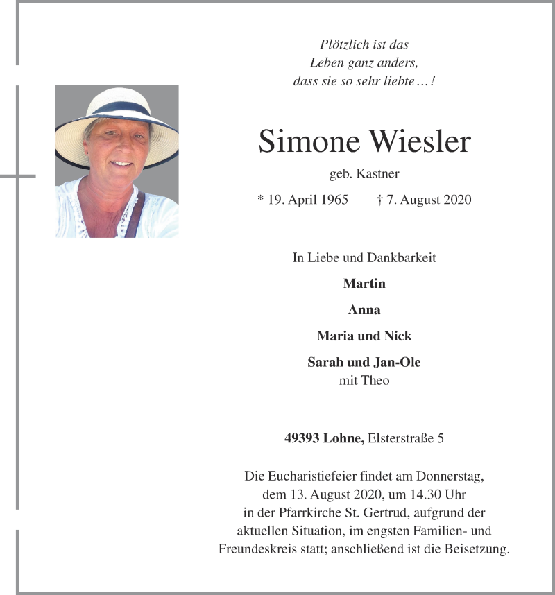  Traueranzeige für Simone Wiesler vom 10.08.2020 aus OM-Medien
