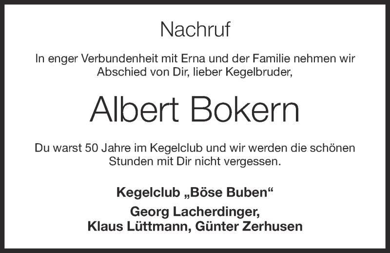  Traueranzeige für Albert Bokern vom 02.09.2020 aus OM-Medien