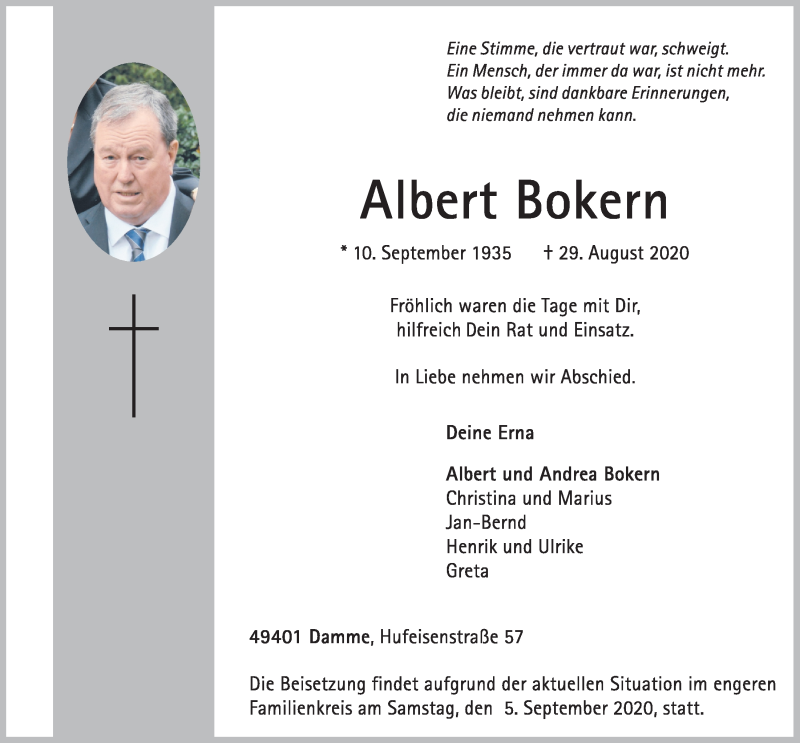  Traueranzeige für Albert Bokern vom 01.09.2020 aus OM-Medien