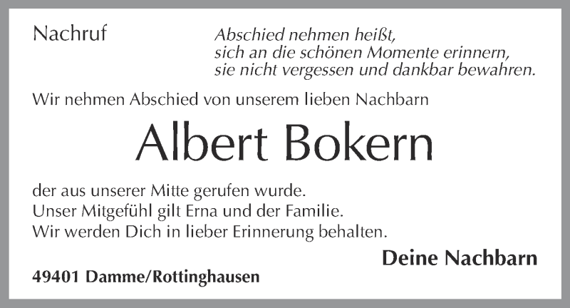  Traueranzeige für Albert Bokern vom 02.09.2020 aus OM-Medien