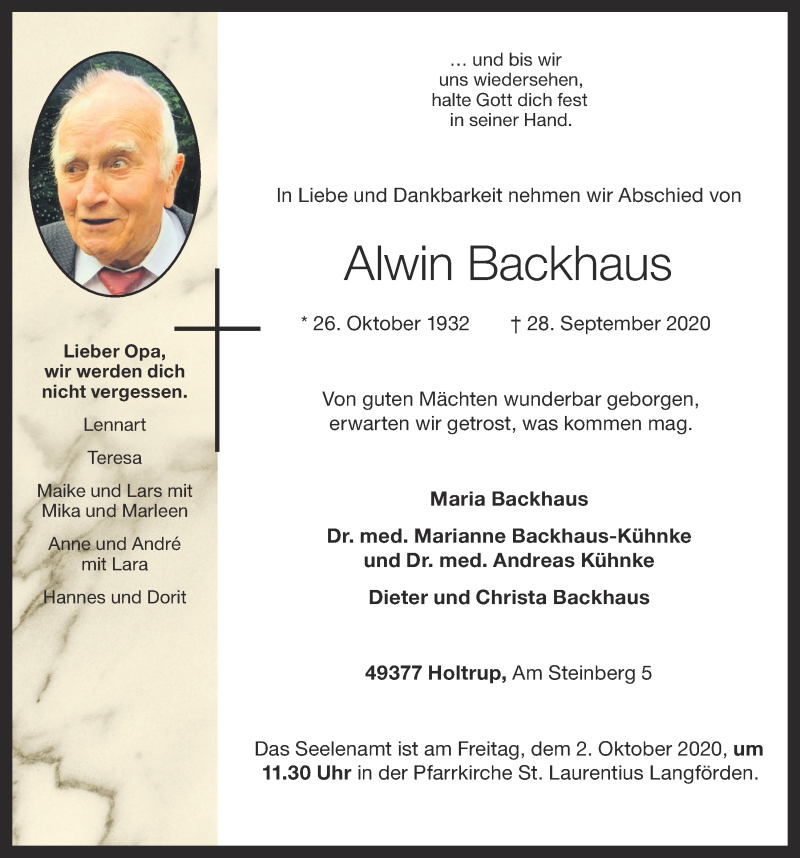  Traueranzeige für Alwin Backhaus vom 30.09.2020 aus OM-Medien