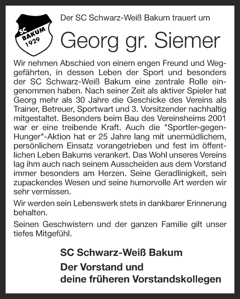  Traueranzeige für Georg  gr. Siemer vom 14.09.2020 aus OM-Medien
