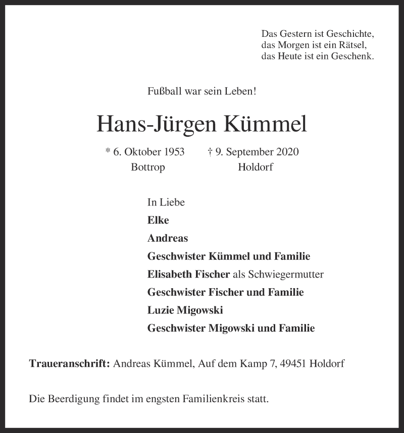  Traueranzeige für Hans-Jürgen Kümmel vom 15.09.2020 aus OM-Medien