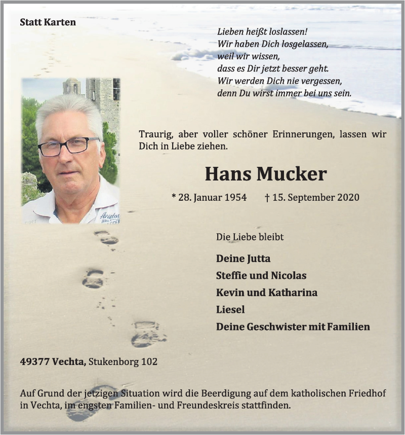  Traueranzeige für Hans Mucker vom 18.09.2020 aus OM-Medien