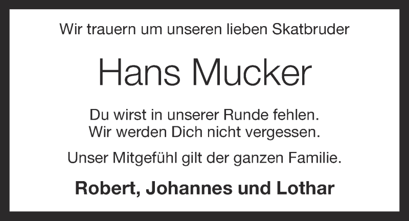  Traueranzeige für Hans Mucker vom 19.09.2020 aus OM-Medien