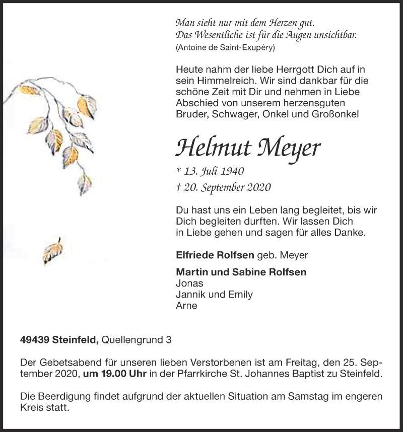  Traueranzeige für Helmut Meyer vom 23.09.2020 aus OM-Medien