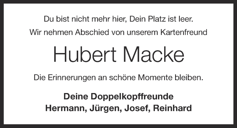  Traueranzeige für Hubert Macke vom 28.09.2020 aus OM-Medien