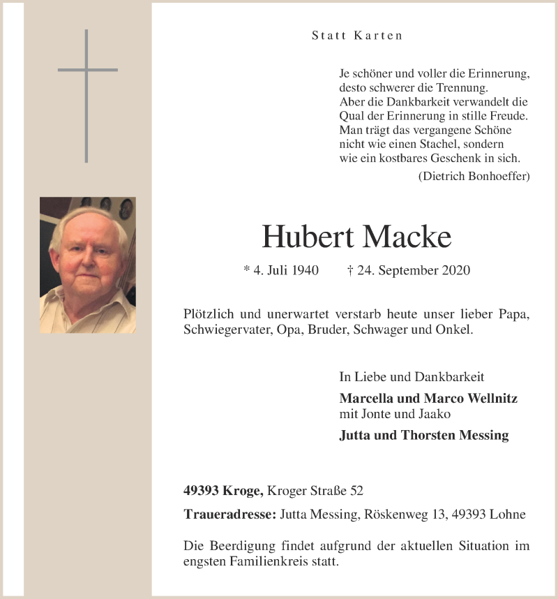  Traueranzeige für Hubert Macke vom 26.09.2020 aus OM-Medien