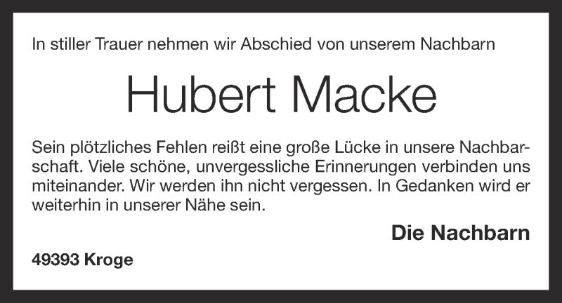  Traueranzeige für Hubert Macke vom 29.09.2020 aus OM-Medien