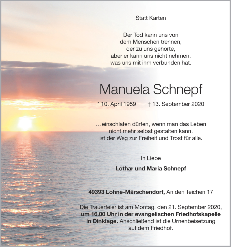  Traueranzeige für Manuela Schnepf vom 16.09.2020 aus OM-Medien
