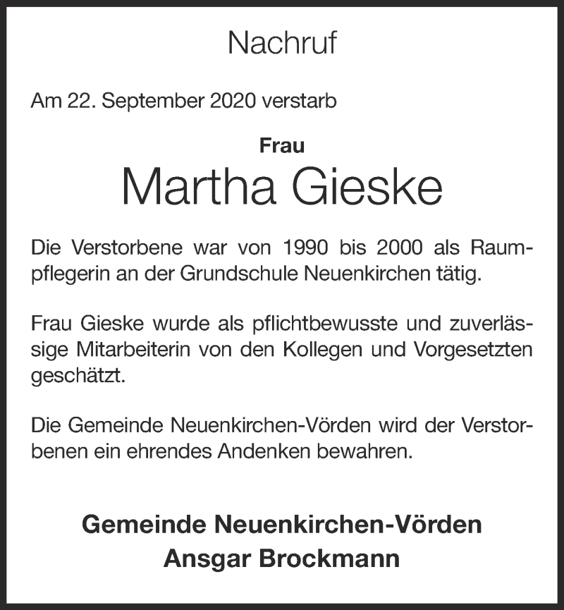  Traueranzeige für Martha Gieske vom 30.09.2020 aus OM-Medien