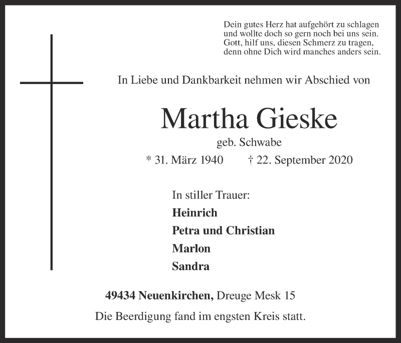  Traueranzeige für Martha Gieske vom 29.09.2020 aus OM-Medien