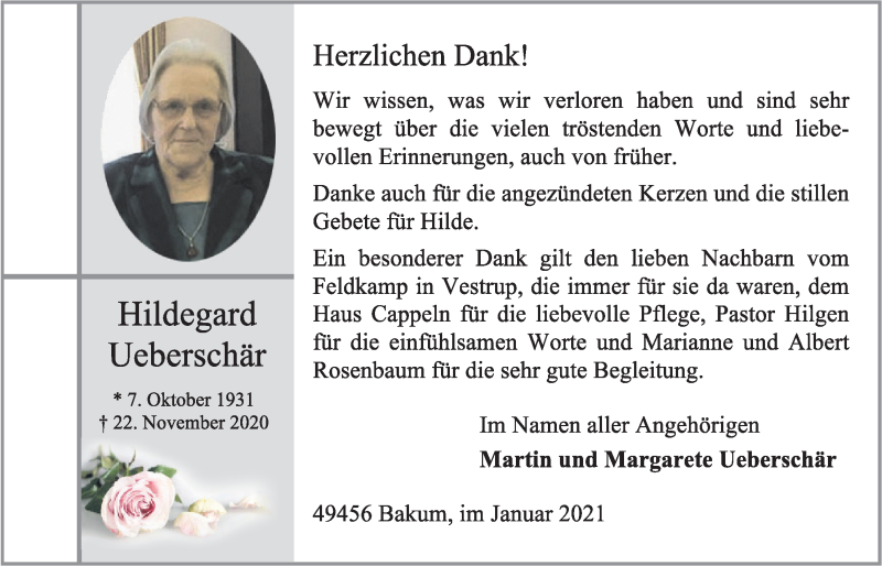  Traueranzeige für Hildegard Ueberschär vom 23.01.2021 aus OM-Medien