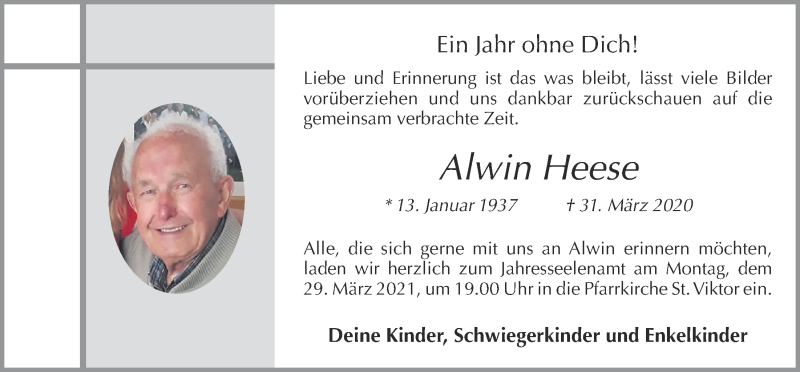  Traueranzeige für Alwin Heese vom 27.03.2021 aus OM-Medien