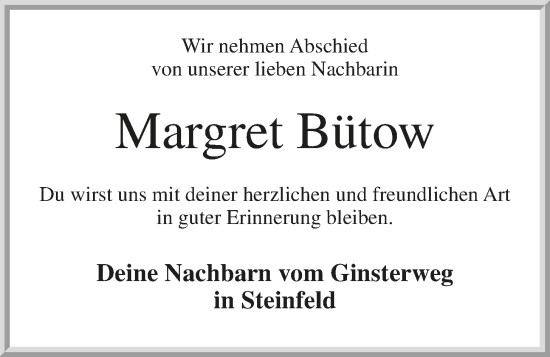 Anzeige von Margret Bütow von OM-Medien