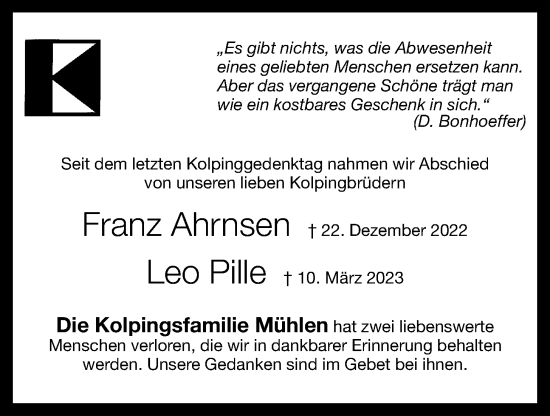 Anzeige von Franz und Leo Ahrnsen und Pille von OM-Medien