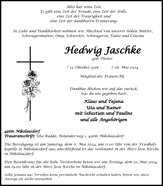 Anzeige von Hedwig Jaschke von OM-Medien